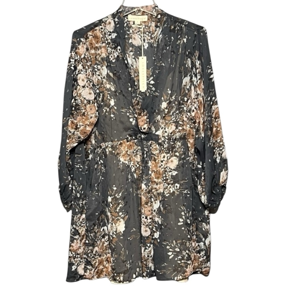 Lovestitch Black Shirred Floral Dress w/Metallic Flecks Sheer Overlay Mini Small